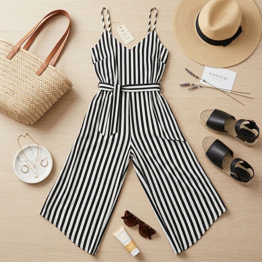 Buenos Ninos Gingham Jumpsuit NWT Size L Coastal Wide Leg Black White